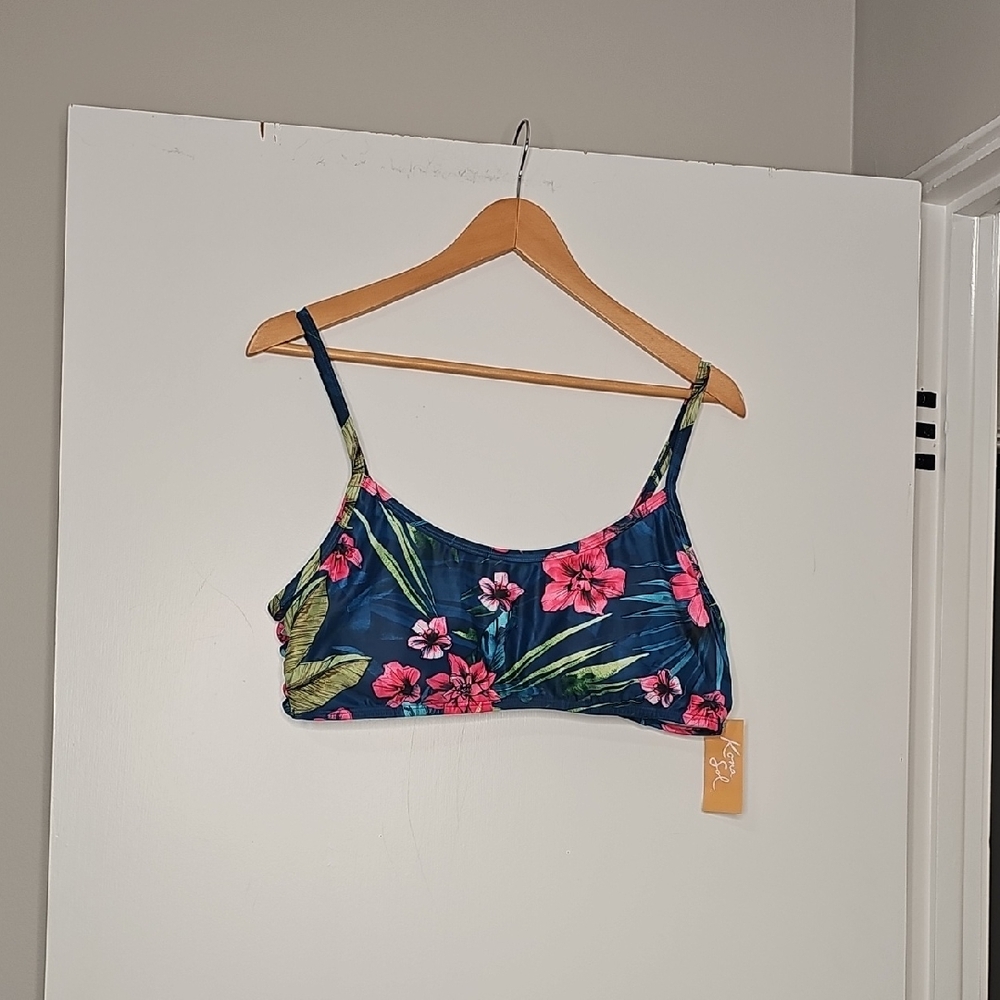 Kona Sol Blue and Pink Floral Bikini Top